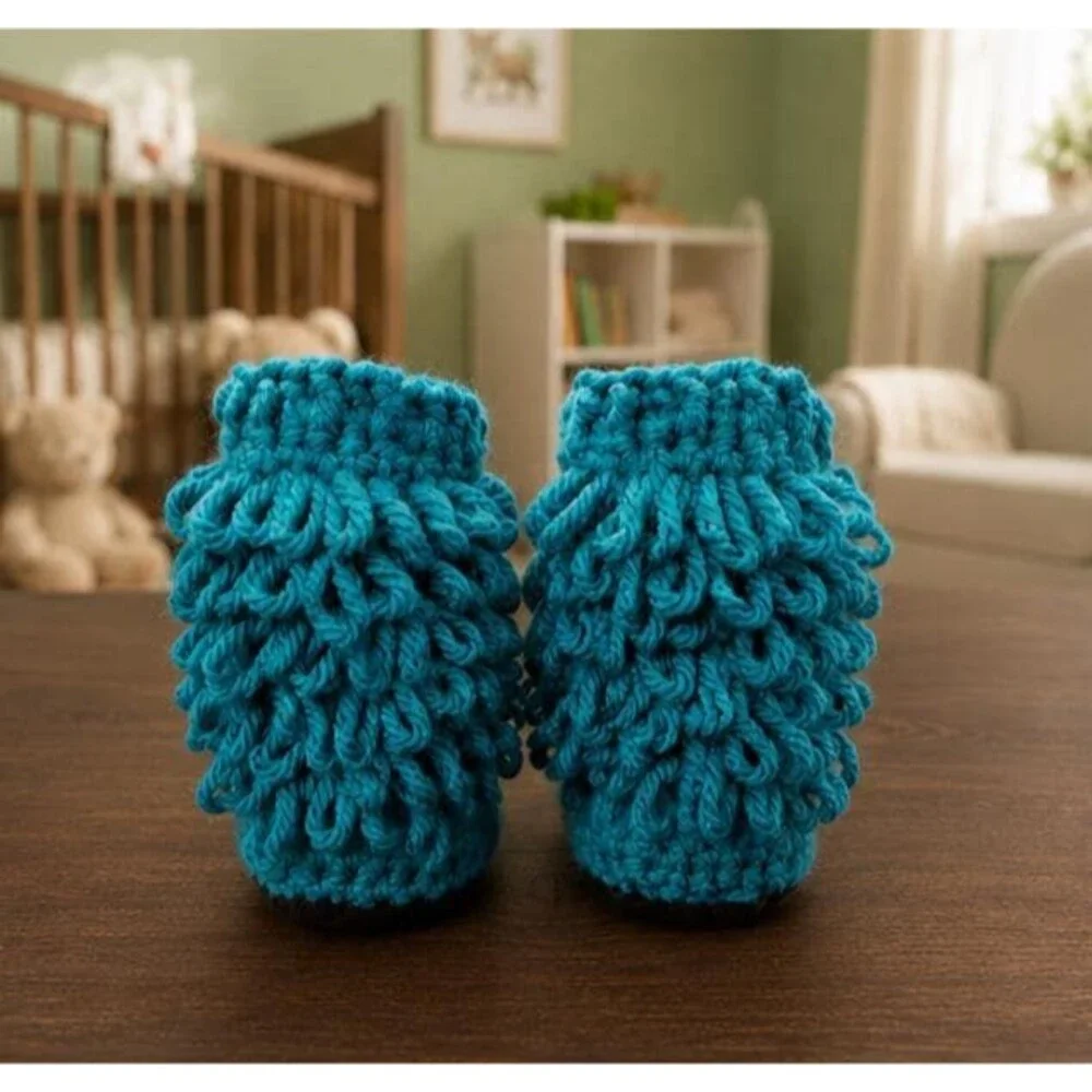 Handmade Teal Crochet Baby Boots, Curly Fringe, Iridescent Buttons (0-3 Months)